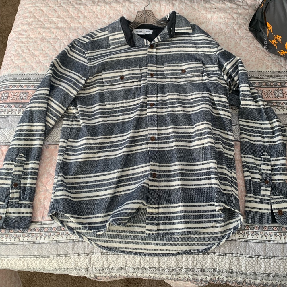 Old navy blue and white striped flannel shirt. Size XL